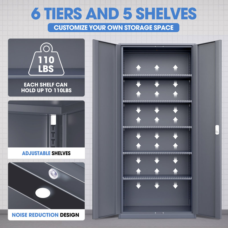 71" Lockable Heavy Duty Metal Storage Cabinet W/ 5 Adjustable Shelves, Gray