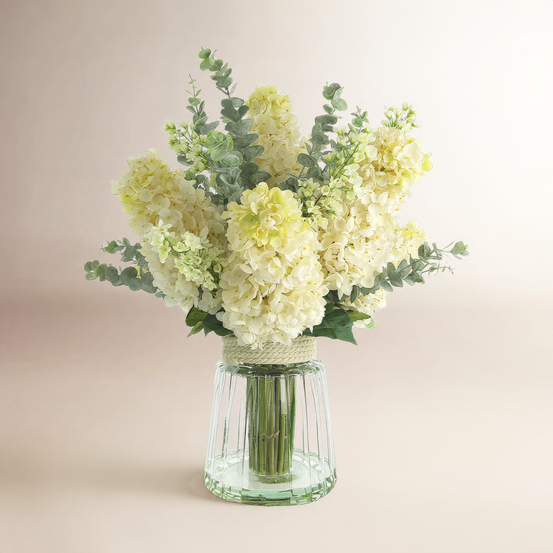Traditional Thistle Hydrangea and Lilac Arrangement in Glass Vase with Rope Accent, White
