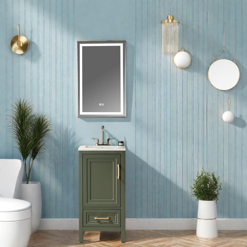 Meuble-lavabo compact vert avec lavabo, fabrication en bois massif pour les salles de bain modernes