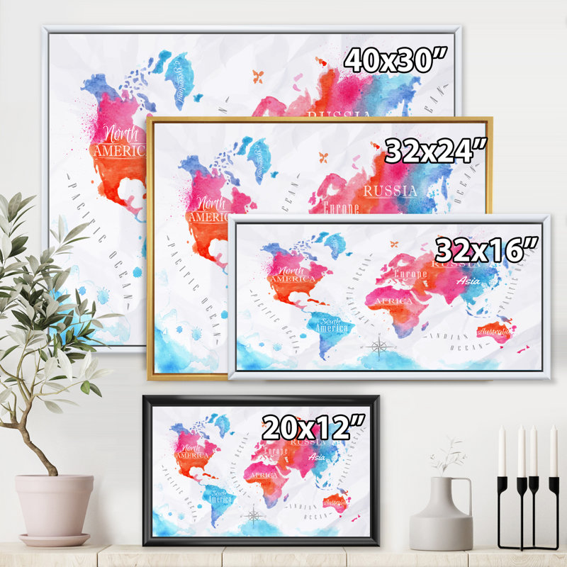 Carte du monde en rose et bleu - Impression sur toile, H 24 po x l 32 po x P 1 po, Cadre flottant noir