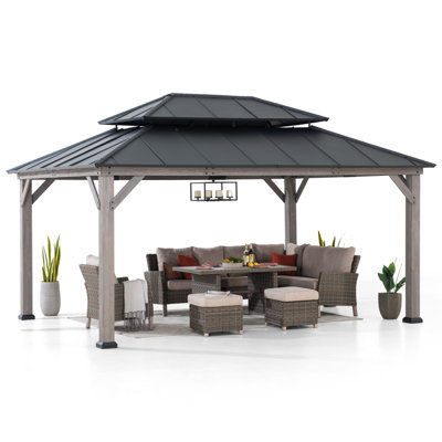 Pavillon de jardin en bois de cèdre 12 pi x 16 pi avec toit rigide en acier à deux niveaux Sunjoy