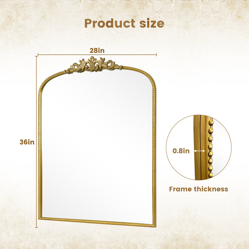 Kiany Metal Arched Mirror Vintage Mirror with Ornate Frame, 36" x 28", Gold