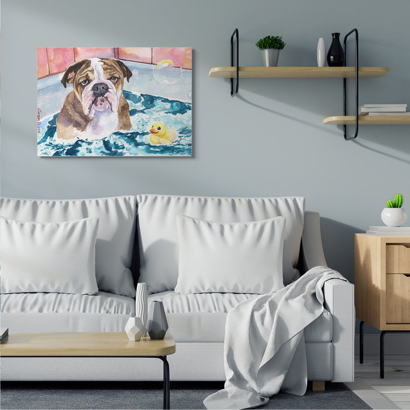 Bulldog anglais dans des bulles de canard en caoutchouc, H 30 po x l 40 po, Toile tendue