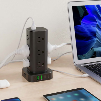 Multiprise noire avec chargeur sans fil 12 prises de courant alternatif, 4 USB (2 USB-C 15W câble de charge sans fil 6 pi dortoir de bureau à domicile