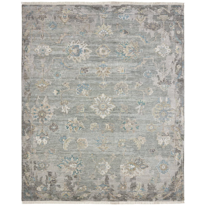 Tapis oriental vert en laine / viscose noué à la main Aketzalli, Rectangulaire 3 pi x 5 pi