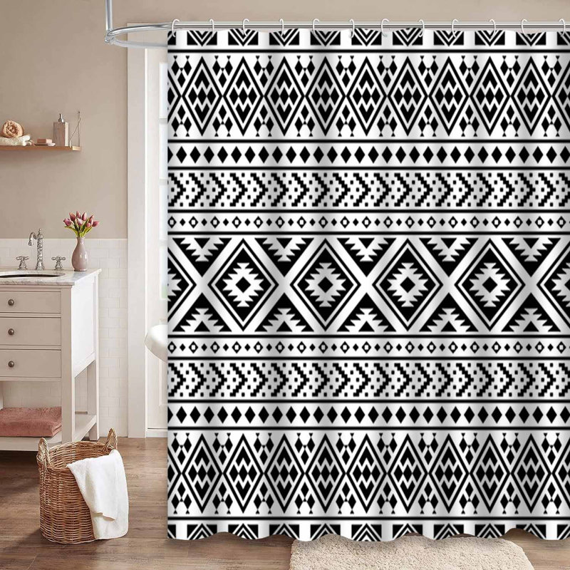 Rideau de douche sans couture de couleur noir tribal blanc avec 12 crochets, L 72 po x l 78 po