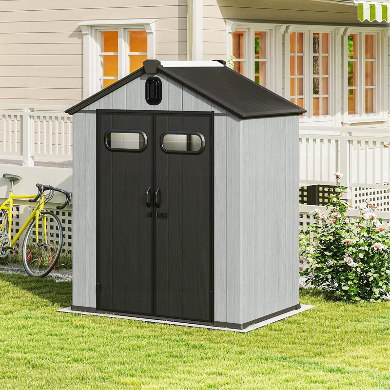 6X4ft Outdoor Resin Storage Shed With Transparent Windows & Louvered Vents, Plastic Tool Shed With Double Lockable Doors & Gable Roof, Outside Garden Shed For Backyard, Patio, Lawn