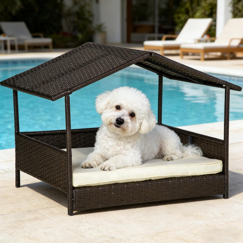 Niche pour chien avec auvent pour petits et moyens chiens, coussin amovible confortable, conception surélevée, convient à l'intérieur à l'extérieur, dimensions L 38,5 po x l 27,25 po H 27,5 po, auvent de 110 lb, pieds, animaux de compagnie