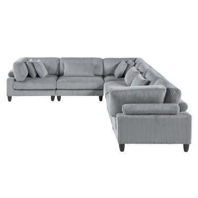6Pc Modular Sectional Set Gray Corduroy Upholstery 3X Armless Chairs 3X Corner Seats Soft Pillows Living Room Furniture