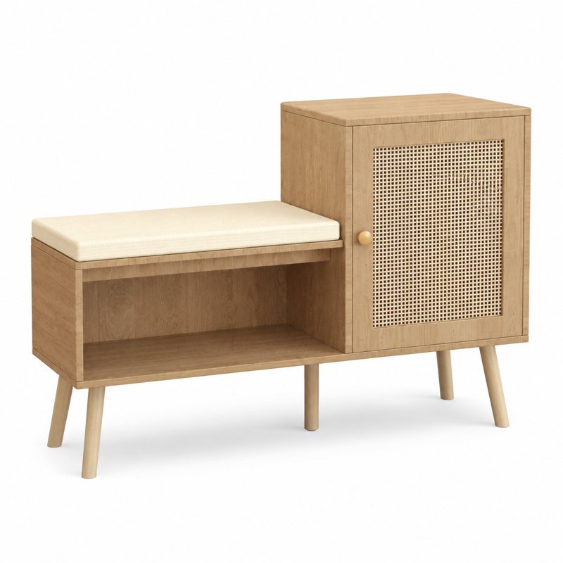 Banc de rangement pour chaussures 2 en 1 avec coussin amovible, tablettes réglables et armoire fermée pour le vestibule