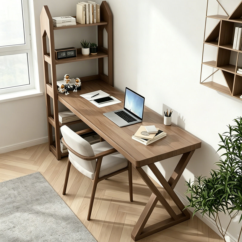 Bureau simple en bois de pin massif avec bibliothèque, H 65 po x l 63 po x P 23,6 po