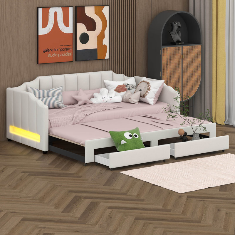 Twin XL To King Extendable Daybed With Storage Drawers & LED Lights, Upholstered Sofa Bed, Twin XL Upholstered Daybed, Beige