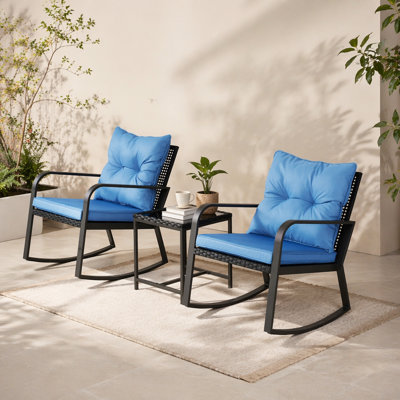 3 Pieces Patio Bistro Set Outdoor Rocking Chair W Blue Cushion For Yard Garden Poolside