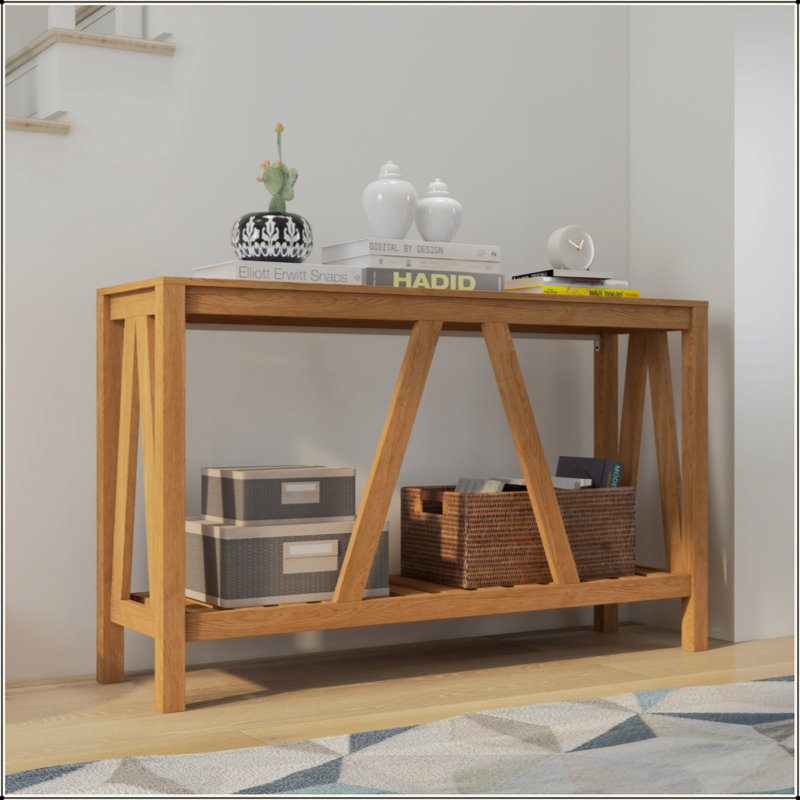 Console Table, Farmhouse Entryway Table With Storage Slatted Shelf, Rustic Sofa Table With Anti-Tipper For Living Room, Hallway