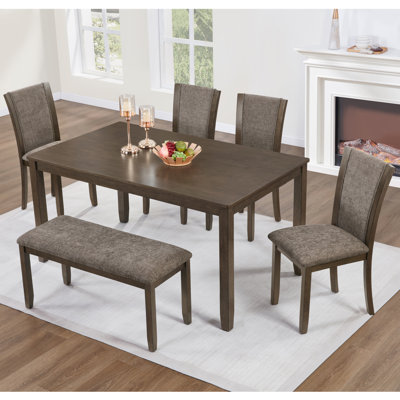 Ensemble de table de salle à manger 6 pièces avec banc et chaises, ensemble de table à manger en bois pour 6 personnes, ensemble de table de salle à manger de style rustique 6 personnes pour la salle à manger, cuisine, noyer foncé