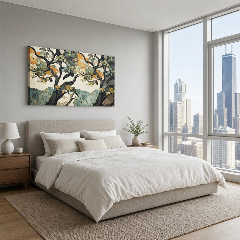 Tableau mural sur toile représentant des branches d'arbre en mosaïque turquoise et orange, L 32 po x H 16 po