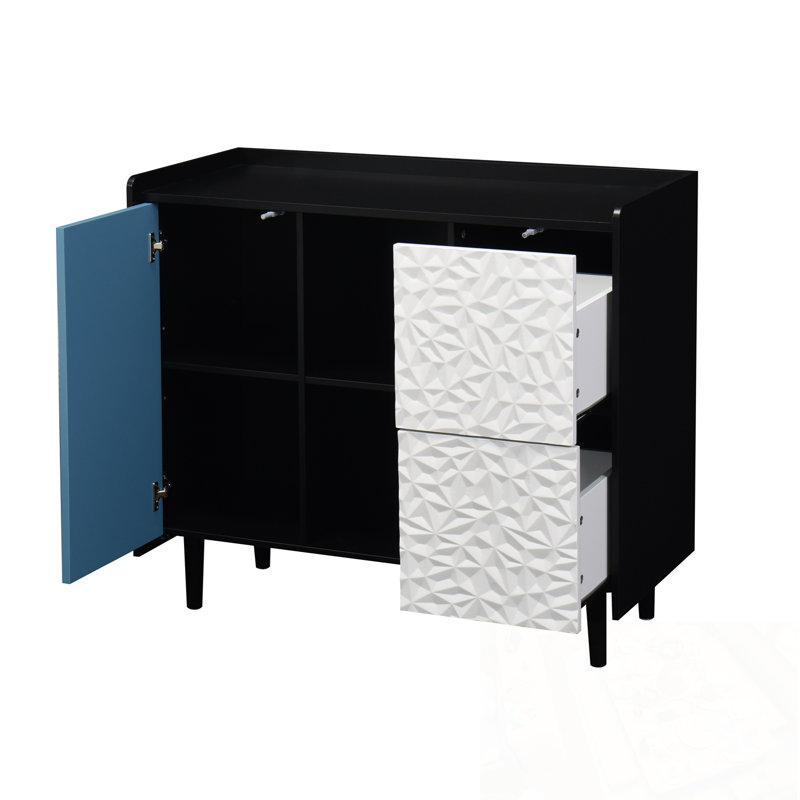 Armoire d'appoint en bois avec 2 tiroirs et rangement ouvert, Black+Blue