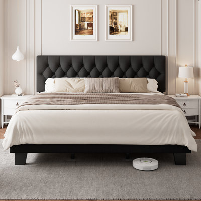King Upholstered Bed Frame with Headboard, Button Tufted Linen Bed Base, Platform Bed with Wood Slat, Heavy Duty, Easy Assembly, No Box Spring Needed,Black