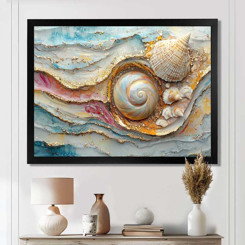 Coquillage et sable émeraude III - bord de mer, art mural, H 16 po x l 32 po, Cadre simple, Noir