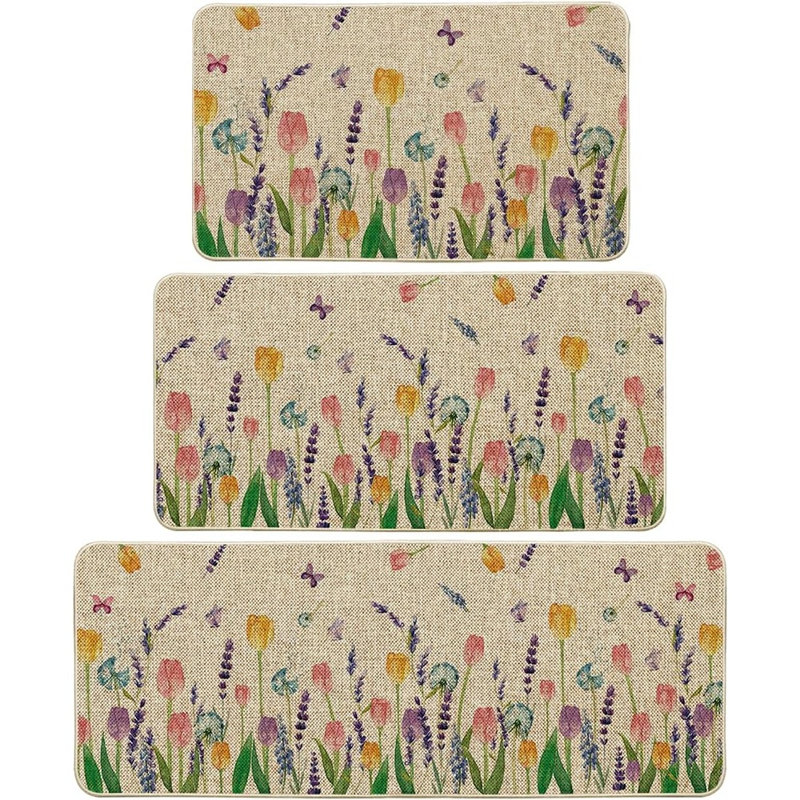 Artoid Mode Lavender Tulip Kitchen Mats – Purple – Set Of 3 Spring Floral Low-Profile Floor Rugs