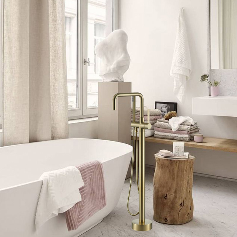 Robinet de baignoire autoportant 40,94 ", robinets de salle de bain à fixation au sol avec douche à main, Or brossé
