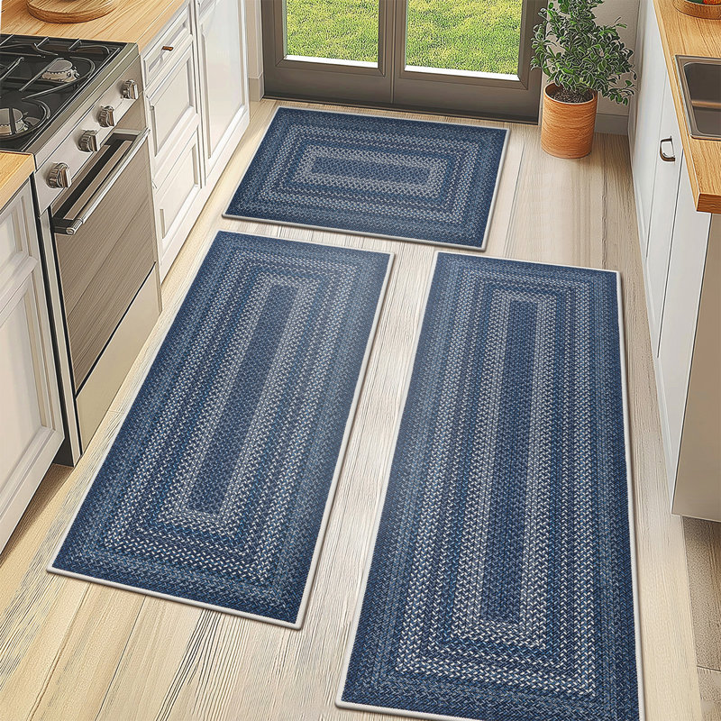 Machine Washable Kitchen Mat with Non-Slip Backing (Set of 3), Blue