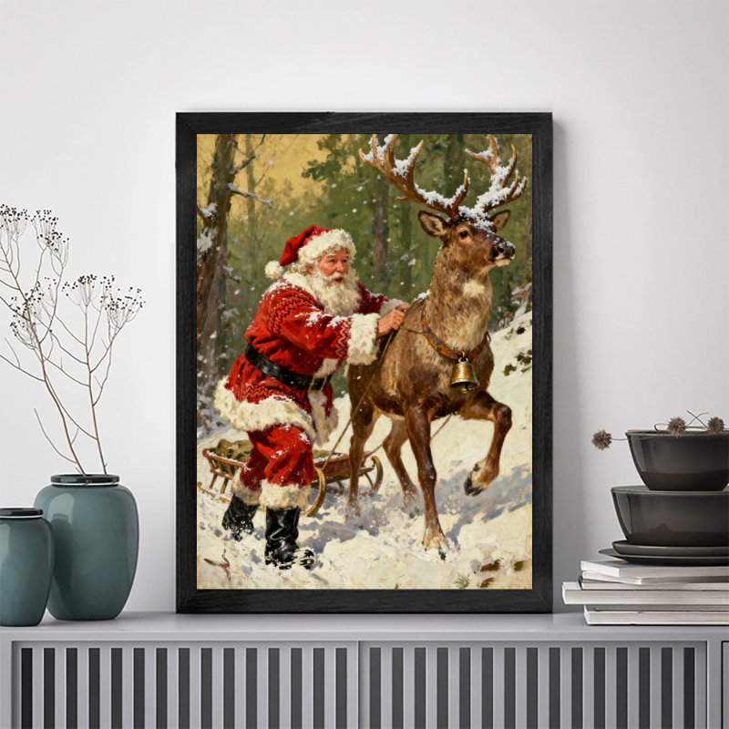 Père Noël rétro noir encadré avec art mural de style rétro, H 17 po x l 13 po