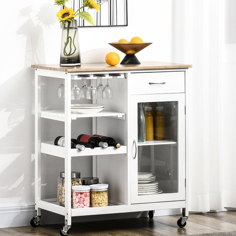 Chariot de cuisine avec 4 porte-bouteilles, porte-verres à pied, armoire à tiroirs blanche, mobilité, îlot de cuisine mobile
