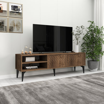 Modern Walnut TV Stand, 63.0 x 19.7 x 11.6 inches | 100% Melamine Coated Particle Board, Thickness: 0.7 inches | Stylish Geometric Design, Perfect for Living Room & Entertainment Spaces, Durable & Elegant