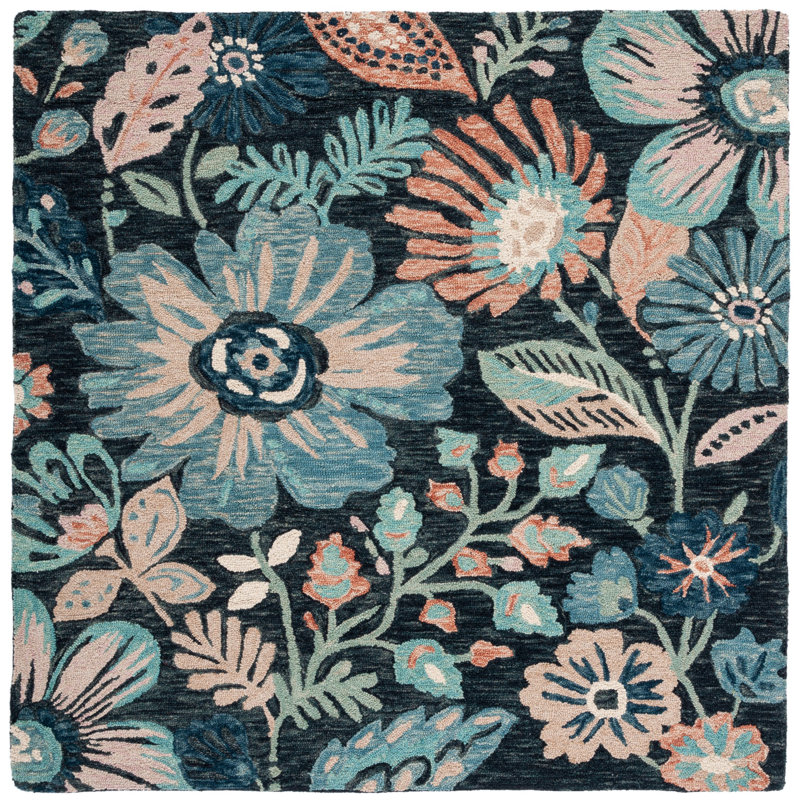 Lonie Hand Tufted Wool/Cotton Floral Rug in Blue/Charcoal, Square 6'
