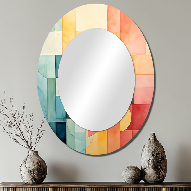 Cubism Experiment With Minimalist II - Abstract Oval Decorative Mirror On Metal, 40" x 30"