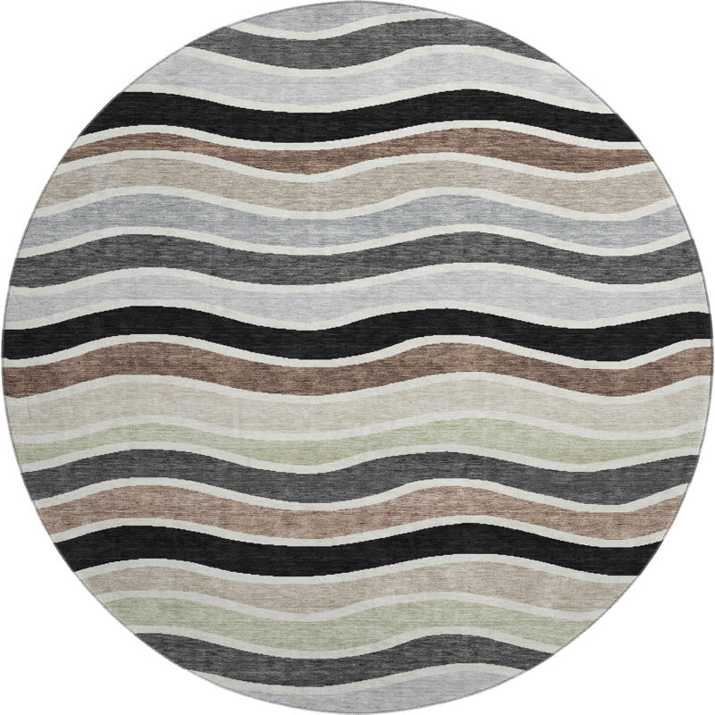 Premium Machine Washable Mayfield AMF2333 Stripes Rug, 8' Round, Black
