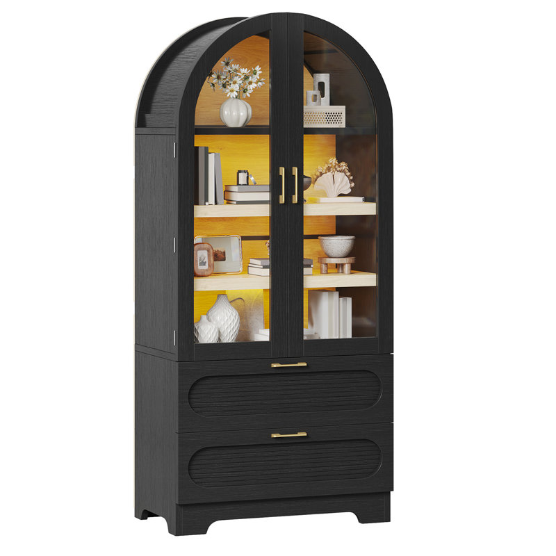 Armoire arquée de 71 po de hauteur avec portes en verre, garde-manger en bois avec 4 tablettes et 2 tiroirs, avec éclairage DEL