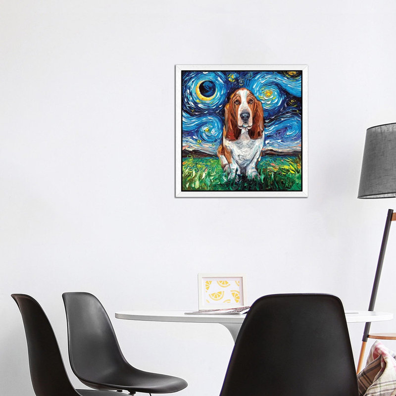 Basset Hound Night by Aja Trier - Painting on Canvas, 45.72 cm H x 45.72 cm W, White Framed