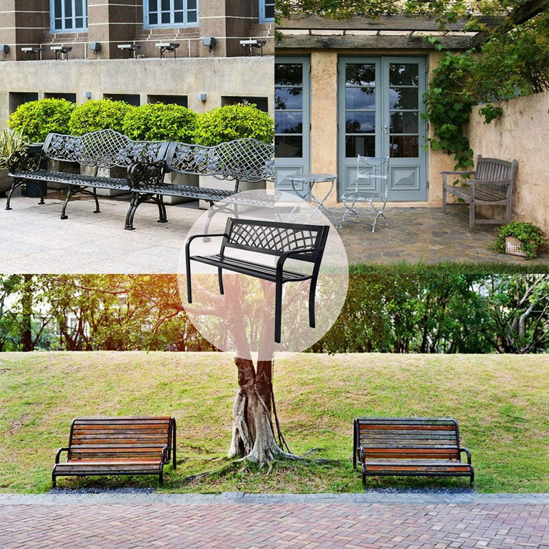 Banc de jardin Banc de jardin Banc d'extérieur pour terrasse en métal Banc de parc avec accoudoirs à dossier en plastique