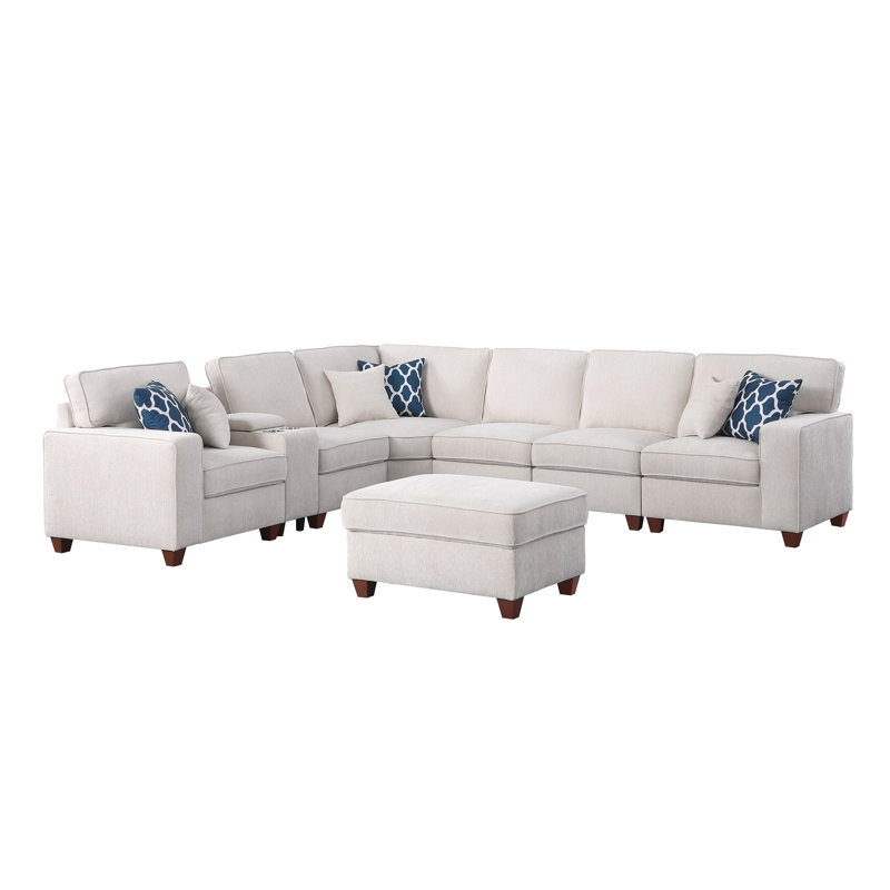 Rene Sectional Sofa With Ottoman, Beige Chenille