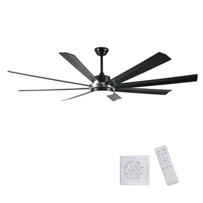 72 Inch Industrial DC Motor Ceiling Fan With Light, Large Ceiling Fan With 8 Reversible Blades, 3 Downrods, 6-Speed Remote Control, Home Or Commercial Ceiling Fans For Porch/Garage/Shop, Black