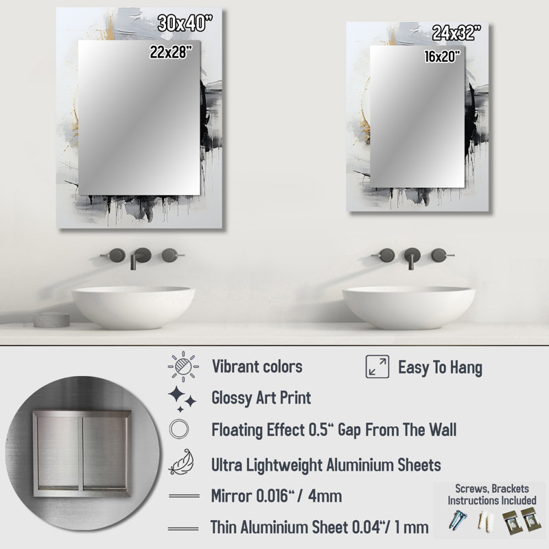 Noir et blanc Zen Spiral II - grand miroir mural abstrait en spirale, 32 po x 24 po