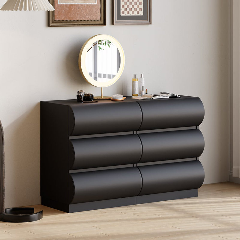 Humply Modern Meshia Leather 6 Drawer Dresser Chest With Storage Cabinet, Black