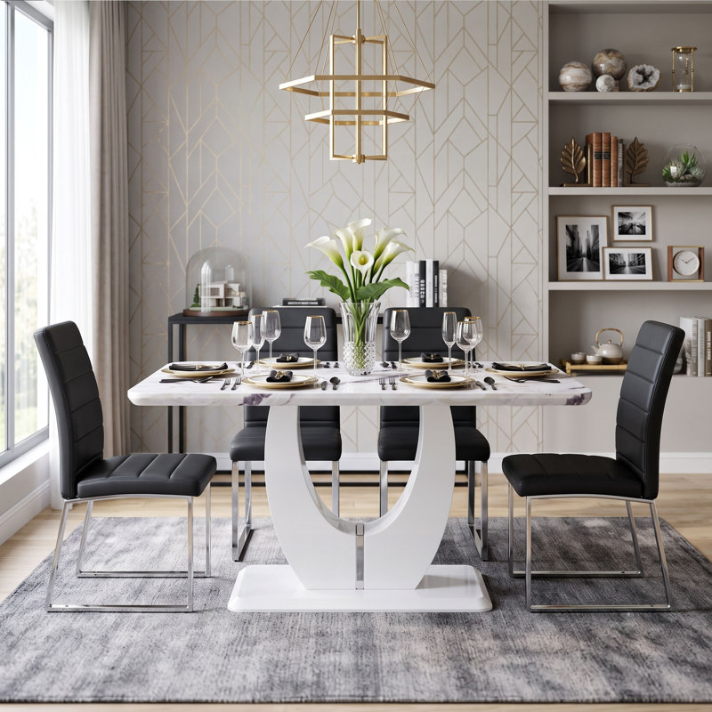 Ensemble de salle à manger 7 pièces, table et chaises de cuisine modernes de 63 pouces, 6, Black