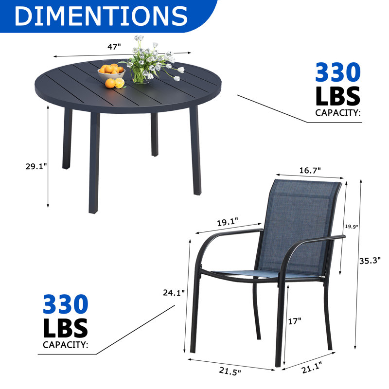 7-Piece Outdoor Dining Set, Round Metal Table With 6 Dark Blue Chairs, Black Patio Table With Umbrella Hole For Garden, Yard, Patio