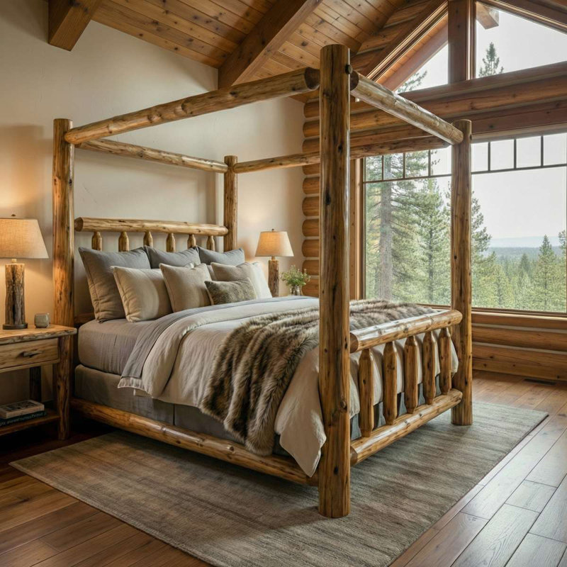 Lit à baldaquin en bois massif Cedar, Très grand lit, Finition rétro