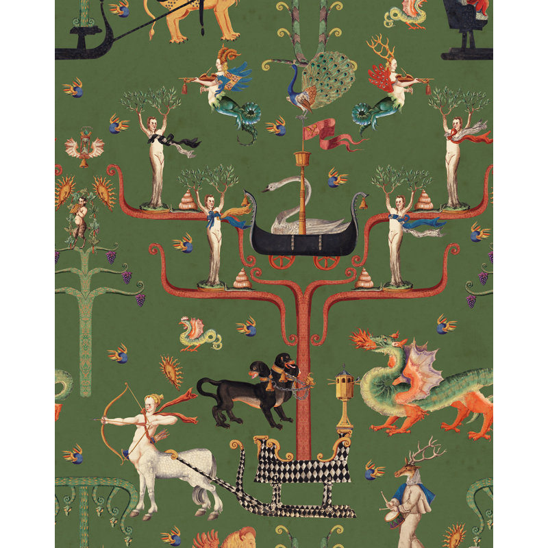 FAIRIES AND DRAGONS Wallpaper, Green/Brown/Blue