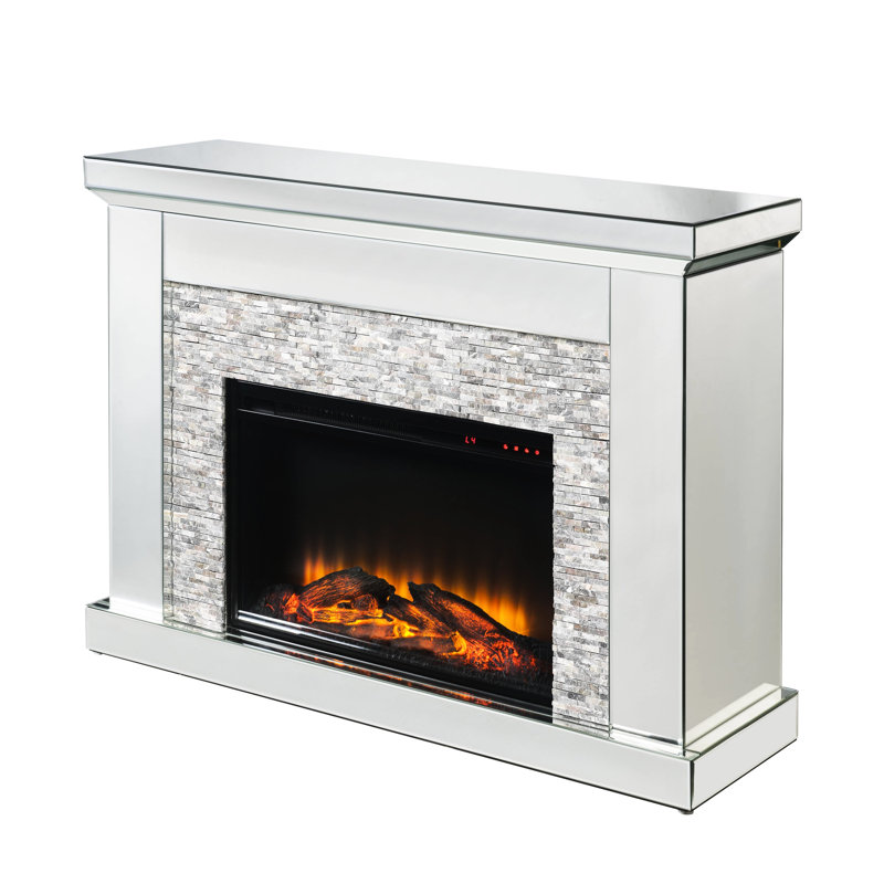 Foyer électrique à DEL avec dessus en miroir biseauté, incrustation de fausses pierres, température réglable, minuterie, fonction seulement, surface de chauffage de 400 pi2, 1400 W, 120 V, 48 po de largeur, 36 po de hauteur, 15 po de profondeur, 107 lb de foyer