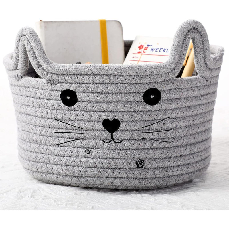 Cat Storage Basket Woven Organizer With Ears Decorative Pet Toy Cute Bin Cotton Rope Basket For Gift Cat Dog Toy Container Nursery Room