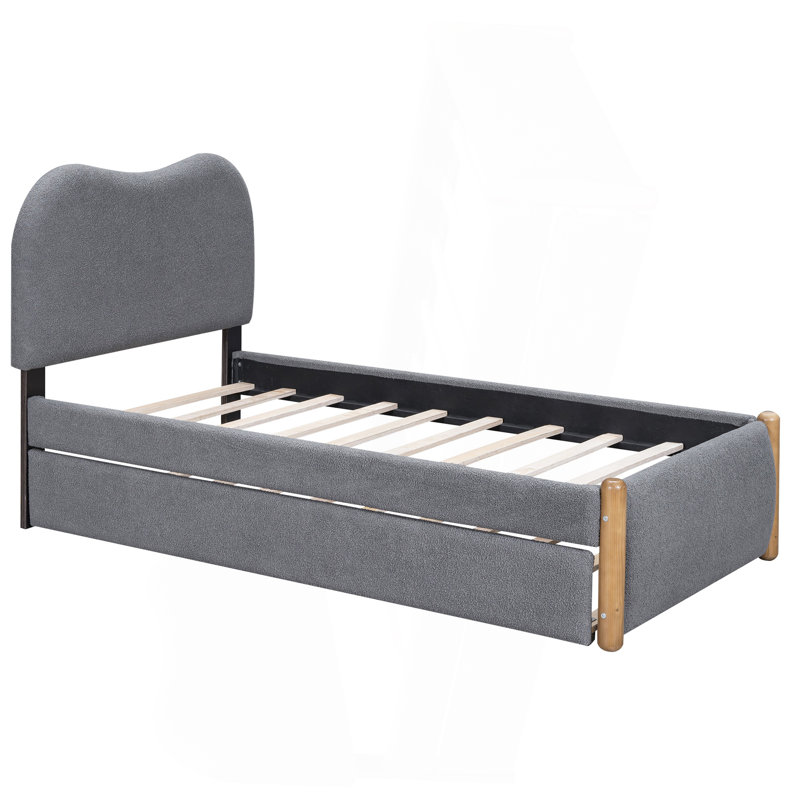 Lit plateforme simple tapissier avec pieds de support en bois et lit gigogne simple, Gris, Lit simple