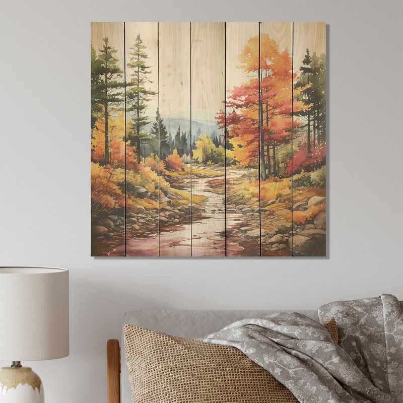 Jaune et orange, rivière d'automne Tranquility IV - rivière sur bois, H 15 po x l 15 po