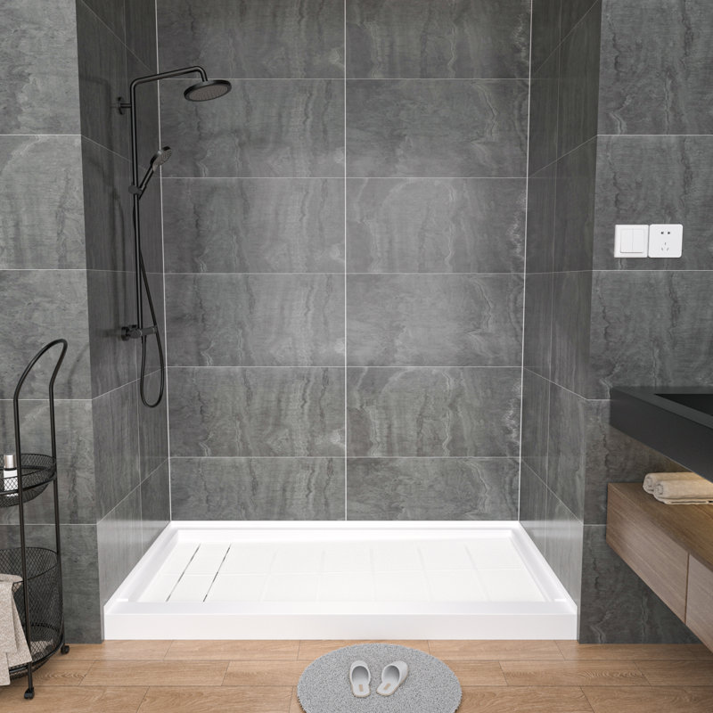 Base de douche 60 po x 32 po à surface solide blanche et couvercle de drain inclus, bac de douche à texture antidérapante, emplacement du drain gauche