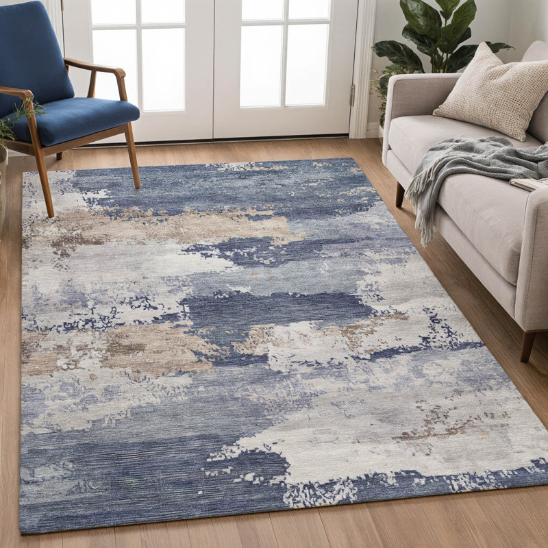 Tapis abstrait lavable à la machine de qualité supérieure Mayfield AMF2372, Marine, 3 pi x 5 pi