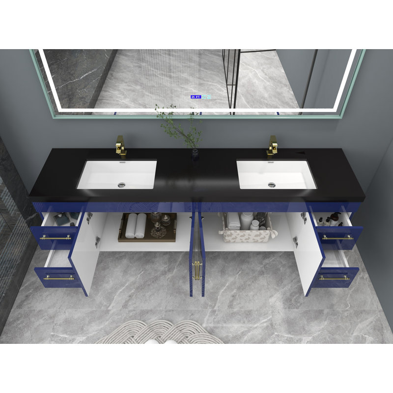 Ensemble de meuble-lavabo double mural 84 po Camorah, Bleu nuit brillant, Or mat